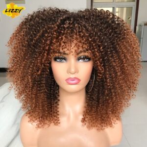 Perucas curta afro, encaracolada com Franja, africano sintético, sem cola, fofo, preto, ombre, marrom