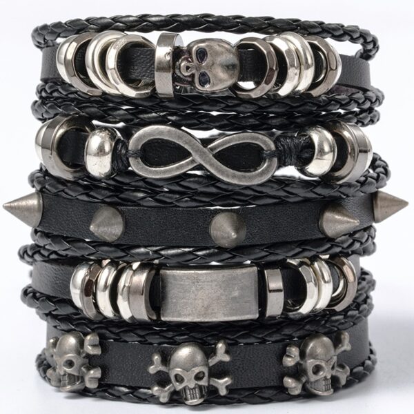 Pulseiras masculina vintage de couro multicamadas, caveira gótica, metal estrela - Image 39