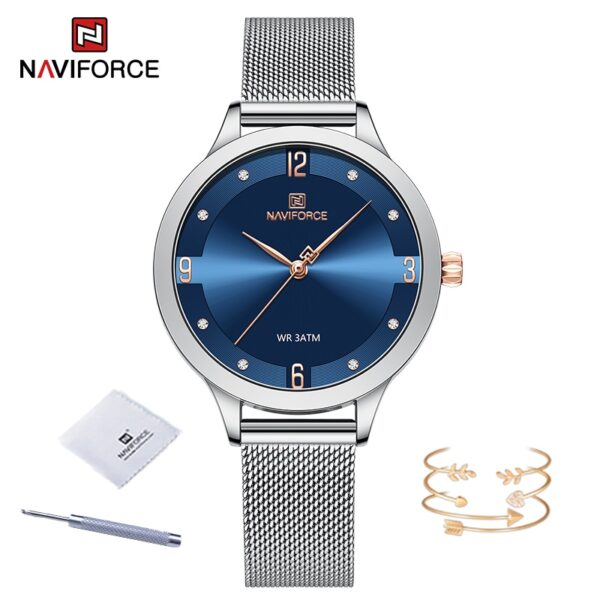 Relógios de pulso feminino, Naviforce, quartzo, pulseira de malha de aço inoxidável, impermeável, azul e prata, alta qualidade, moda - Image 8