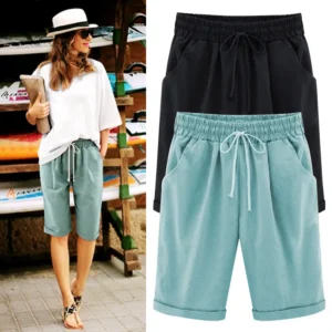 Bermudas feminina de verão, tamanho grande 8XL, solto, casual, elástico, algodão, perna reta, shorts de moletom respirável, esportivo