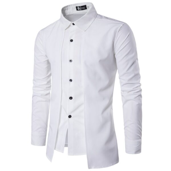 Camisas masculina em algodão manga longa verão novo falso duas peças dupla placket seção fina não-ferro cor sólida, mistura lapela. - Image 3