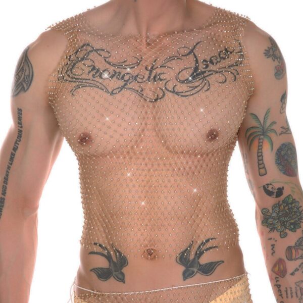 Camisetas masculina sem manga, arrastão, CLEVER MENMODE, Sexy Tank Tops, Strass Brilhante See-Through Colete Oco, Sem Mangas T-Shirt, Transparente - Image 10