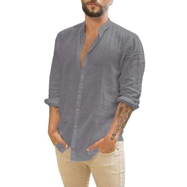 Camisas masculina de linho de algodão, manga comprida, monocromáticas, gola alta, casual estilo praia, plus size, verão - Image 6