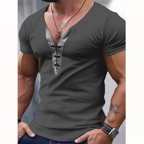 Camisetas masculina slim fit vintage com retalho em V, tops casuais de pulôver de manga curta, camisetas de streetwear, verão, nova - Image 6