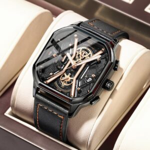 Relógios de pulso masculino, POEDAGAR,  Moda Masculina, Cronógrafo De Luxo Luminous Impermeável Data Homem Relógio Quadrado Dial Couro Quartz Relógios.