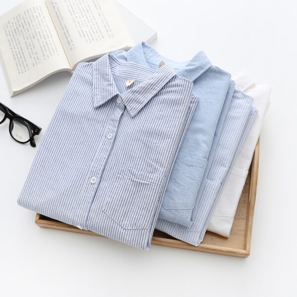 Camisas feminina casual de algodão Oxford, blusa e tops, camisas listradas brancas e azuis, roupa de boa qualidade, nova, outono - Image 6