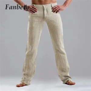 Calças masculina reta casual de linho, comprida, de botão, vintage, fundo de bolso solto, cor sólida que combina com tudo, verão, nova