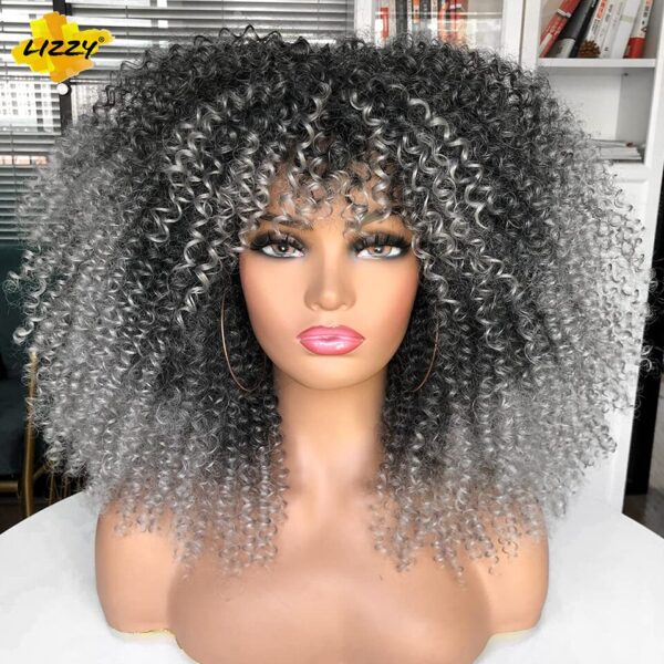 Perucas curta afro, encaracolada com Franja, africano sintético, sem cola, fofo, preto, ombre, marrom - Image 9