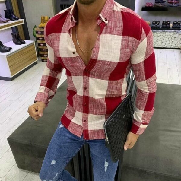 Camisas masculina xadrez manga longa, camisa de botão lapela, moda streetwear, top vintage, moda primavera e outono - Image 4