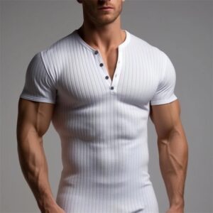 Camisetas masculina de fitness esticada, botão casual, manga curta, treinamento, pulôver, moda sólida, com nervuras, de ginástica