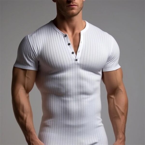 Camisetas masculina de fitness esticada, botão casual, manga curta, treinamento, pulôver, moda sólida, com nervuras, de ginástica