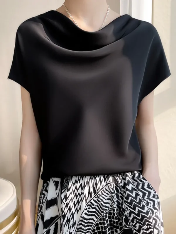 Camisas feminina, francesas de Seda, Elegante T-shirt de Cetim, Manga Curta Simples, Tops Femininos, Novo, Verão, 2023 - Image 5