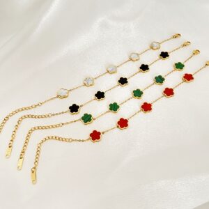 Pulseiras feminina, bracelete,  trevo de aço inoxidável, charme flor verde, joias de alta qualidade, cor dourada, presente de luxo, novo, 2023