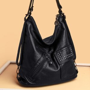 Bolsas feminina preta grande, bolso múltiplo, couro PU, bolsa de ombro, decoração rebite, vintage, mochila.