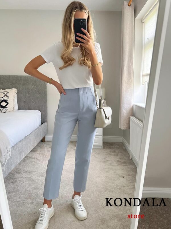 Calças feminina reta, KONDALA-moda chique, roupas de escritório, vintage, cintura alta, com zíper, 2023 - Image 27