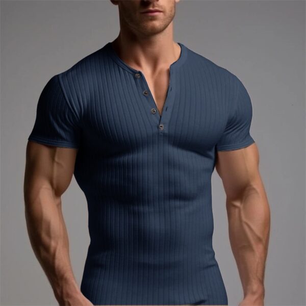 Camisetas masculina de fitness esticada, botão casual, manga curta, treinamento, pulôver, moda sólida, com nervuras, de ginástica - Image 4
