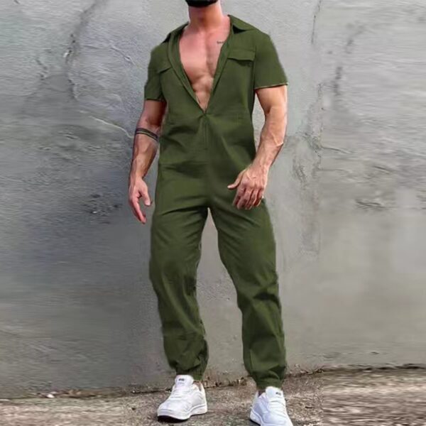 Macacão de manga curta com zíper lapela masculino, monocromático, casual de streetwear, calça longa, moda 2023 - Image 7
