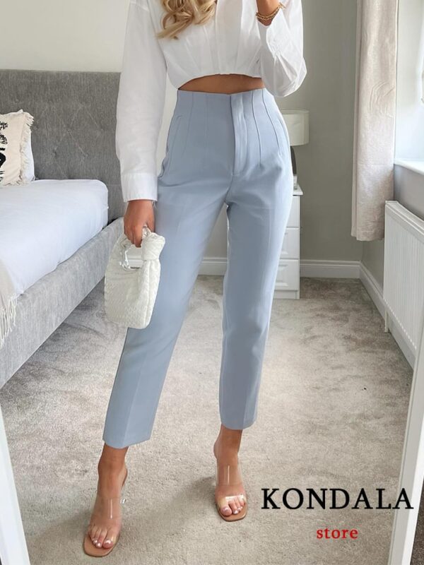 Calças feminina reta, KONDALA-moda chique, roupas de escritório, vintage, cintura alta, com zíper, 2023