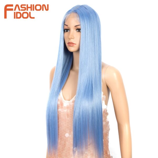 Peruca dianteira, moda ídolo cabelo sintético, do laço 30 Polegada peruca reta arco-íris colorido azul cosplay peruca resistente ao calor - Image 10