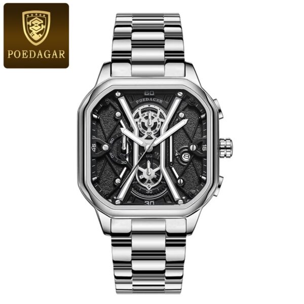 Relógios de pulso masculino, POEDAGAR,  Moda Masculina, Cronógrafo De Luxo Luminous Impermeável Data Homem Relógio Quadrado Dial Couro Quartz Relógios. - Image 3