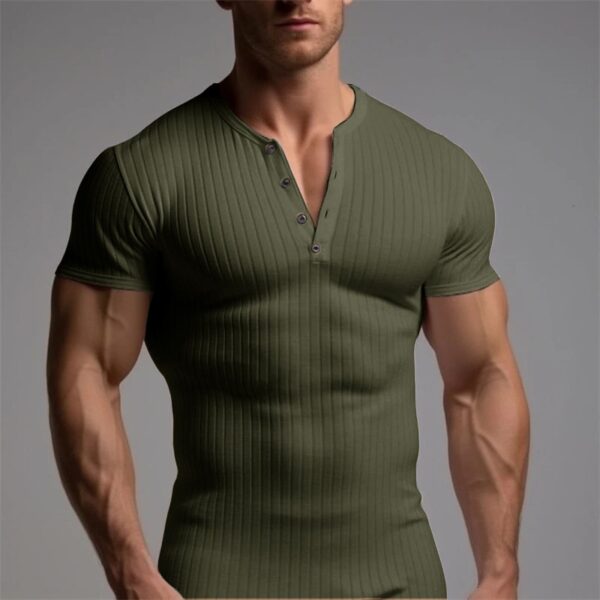 Camisetas masculina de fitness esticada, botão casual, manga curta, treinamento, pulôver, moda sólida, com nervuras, de ginástica - Image 3