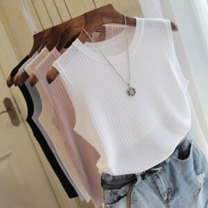 Camisetas feminina de malha com gola O, sem mangas, roupas elegantes, tops e blusas, 2023, C853