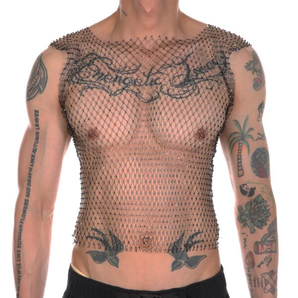 Camisetas masculina sem manga, arrastão, CLEVER MENMODE, Sexy Tank Tops, Strass Brilhante See-Through Colete Oco, Sem Mangas T-Shirt, Transparente - Image 7