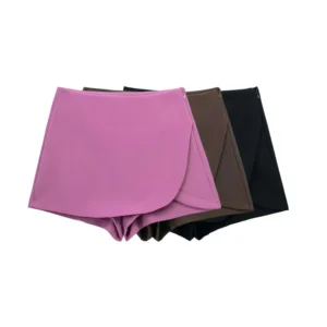 Shorts/Saias feminina, TRAF, auto-sobreposição, cintura alta, zíper lateral, vintage, estilo pareo, moda feminina