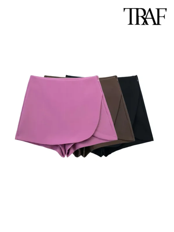 Shorts/Saias feminina, TRAF, auto-sobreposição, cintura alta, zíper lateral, vintage, estilo pareo, moda feminina