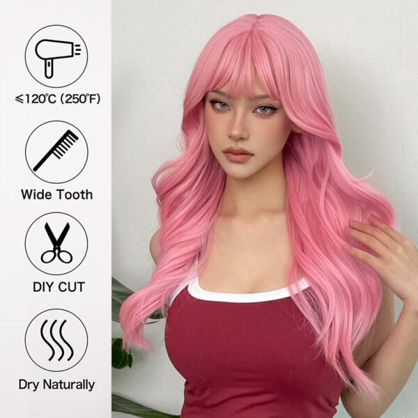 Peruca sintética longa ondulada cosplay GEMMA com Franja, peruca de cabelo natural para mulheres brancas, festa, resistente ao calor, rosa claro - Image 33