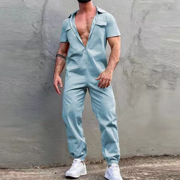 Macacão de manga curta com zíper lapela masculino, monocromático, casual de streetwear, calça longa, moda 2023 - Image 3