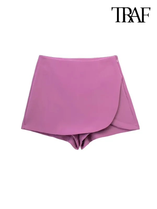 Shorts/Saias feminina, TRAF, auto-sobreposição, cintura alta, zíper lateral, vintage, estilo pareo, moda feminina - Image 5