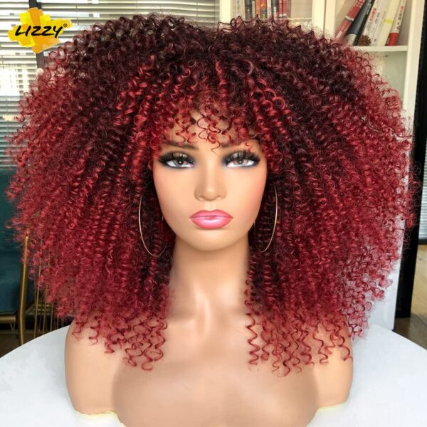Perucas curta afro, encaracolada com Franja, africano sintético, sem cola, fofo, preto, ombre, marrom - Image 11