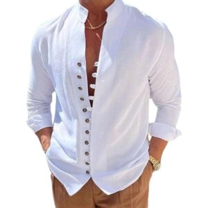 Camisas masculina de botão manga comprida, vintage, solta, cor sólida, tamanho grande, casual, primavera, outono.