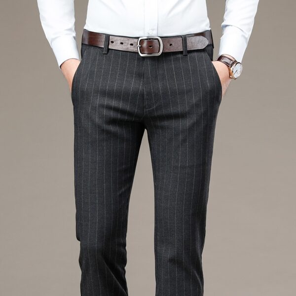 Calças masculina com padrão de listras, social, Oussyu, stretch para negócios, cinza, azul e preto, roupas de alta qualidade, novas - Image 7