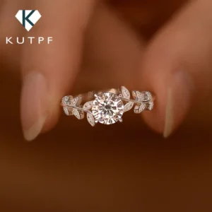 Anéis feminino, folhas de diamante, Moissanite, Aliança, 925 Prata Esterlina, Ouro Branco 18k, Anel de Noivado Promissivo, 1 quilate