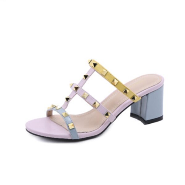 Sapatos feminino de salto alto matte, rebites dourados, slides retrô prateados, designer elegante, cores misturadas, verão, silenciosas, 48 - Image 14