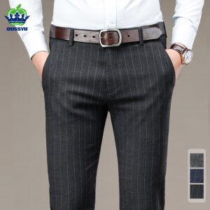 Calças masculina com padrão de listras, social, Oussyu, stretch para negócios, cinza, azul e preto, roupas de alta qualidade, novas