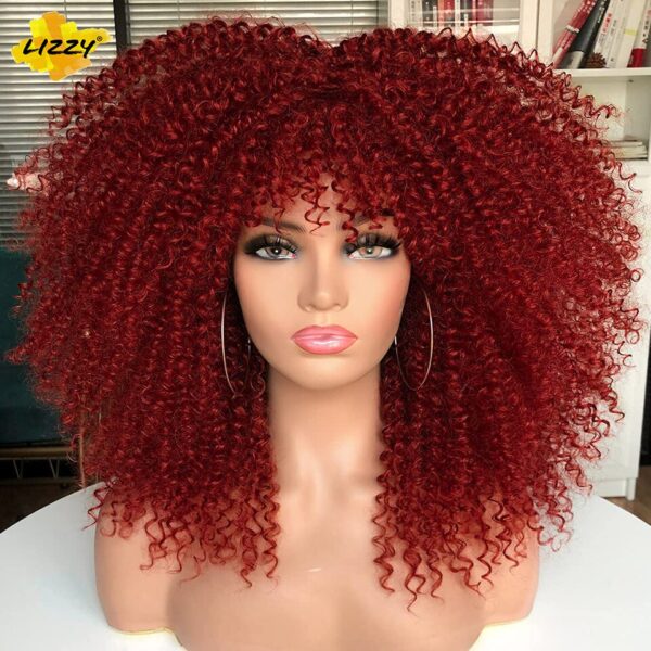 Perucas curta afro, encaracolada com Franja, africano sintético, sem cola, fofo, preto, ombre, marrom - Image 4