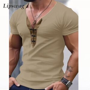 Camisetas masculina slim fit vintage com retalho em V, tops casuais de pulôver de manga curta, camisetas de streetwear, verão, nova