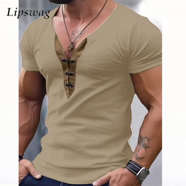 Camisetas masculina slim fit vintage com retalho em V, tops casuais de pulôver de manga curta, camisetas de streetwear, verão, nova