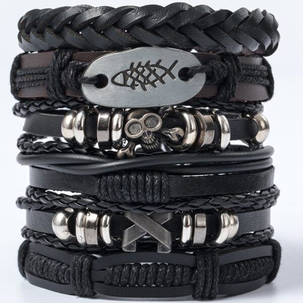 Pulseiras masculina vintage de couro multicamadas, caveira gótica, metal estrela - Image 3