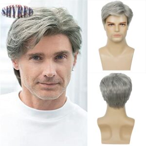 Perucas encaracolada curta natural para homens, Fluffy, cinza e branco, cabelo falso, fantasia Cosplay, masculino, cara