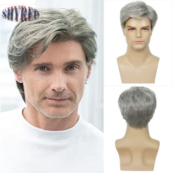 Perucas encaracolada curta natural para homens, Fluffy, cinza e branco, cabelo falso, fantasia Cosplay, masculino, cara