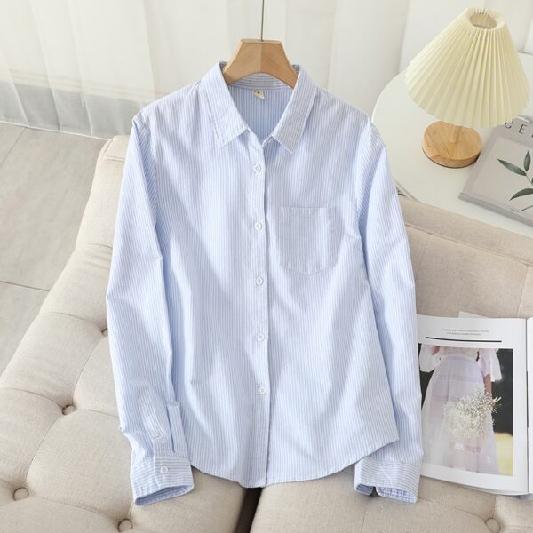 Camisas feminina casual de algodão Oxford, blusa e tops, camisas listradas brancas e azuis, roupa de boa qualidade, nova, outono - Image 4
