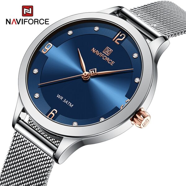 Relógios de pulso feminino, Naviforce, quartzo, pulseira de malha de aço inoxidável, impermeável, azul e prata, alta qualidade, moda