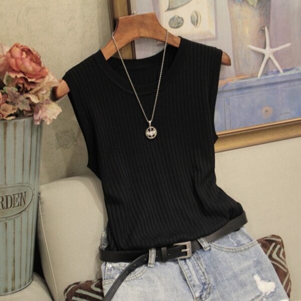 Camisetas feminina de malha com gola O, sem mangas, roupas elegantes, tops e blusas, 2023, C853 - Image 8