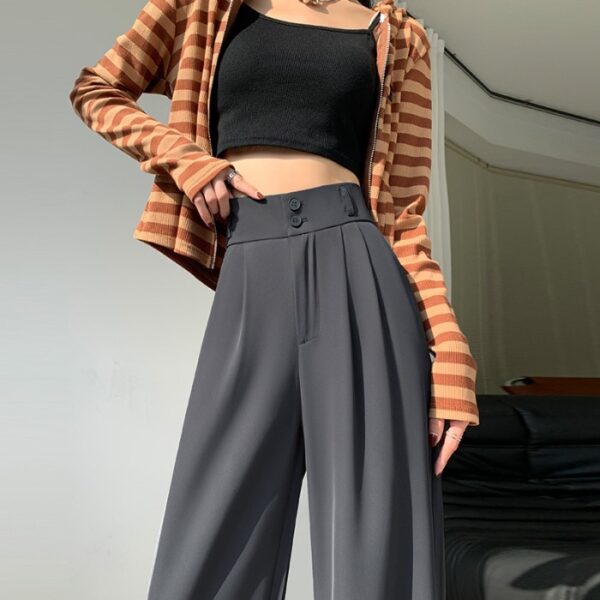 Calças feminina casual de pernas largas, solta reta calça cargosa, moda coreana - Image 9