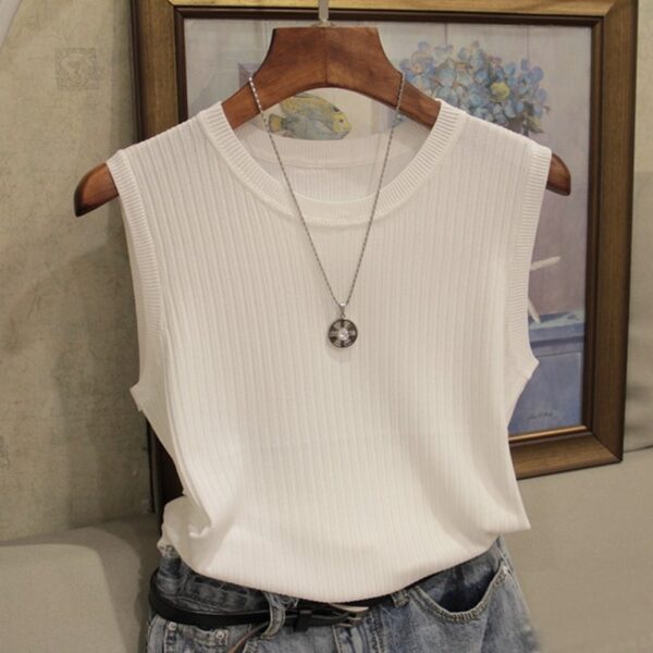 Camisetas feminina de malha com gola O, sem mangas, roupas elegantes, tops e blusas, 2023, C853 - Image 2