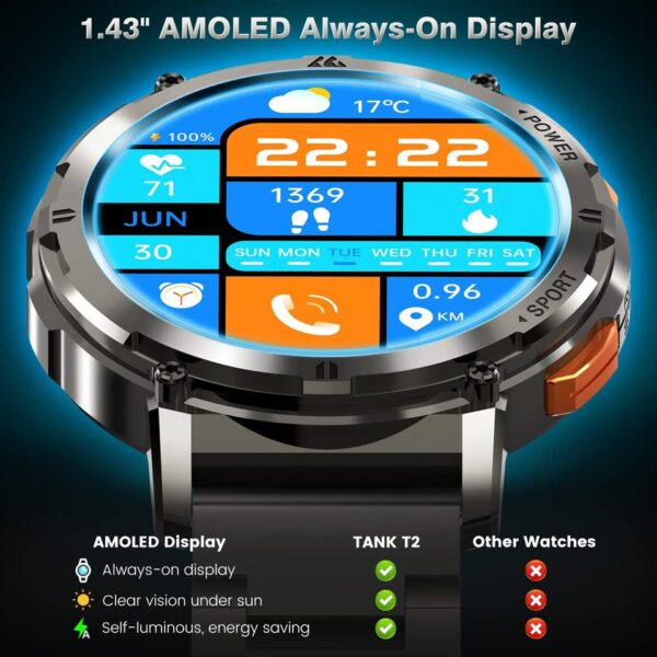 Relógio eletrônico inteligente 2023 KOSPET TANK T2 Smartwatch Ultra, Smartwatch AMOLED, Voz AI, Chamada Bluetooth, Rastreador De Fitness, Original,  digitais originais - Image 6